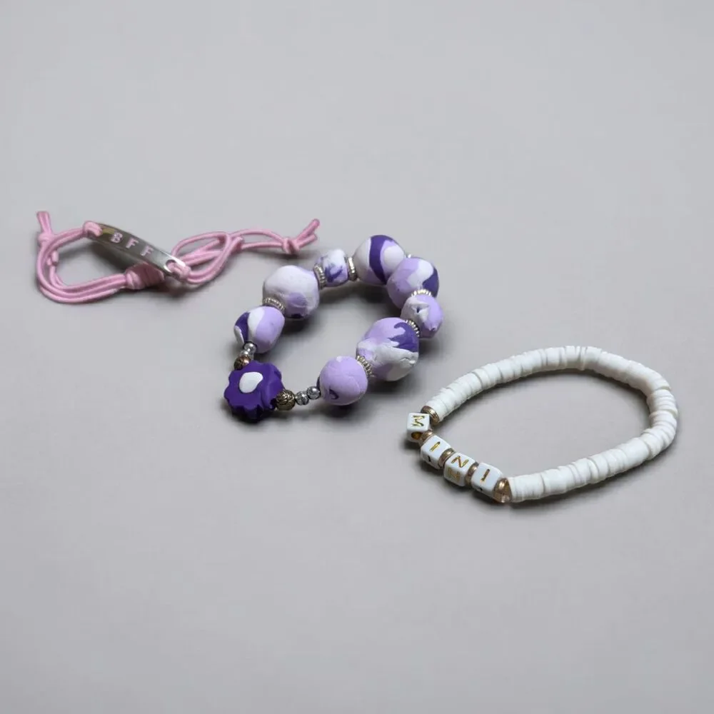 Girls Bracelet Set BFF Mini Purple Beaded Stretch Friendship Bracelets 3pc